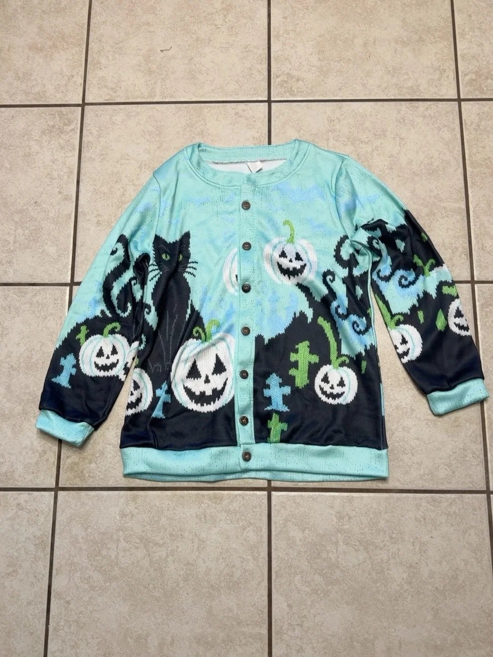 Halloween Black Cat Pumpkin Cardigan Sweater Aqua Medium